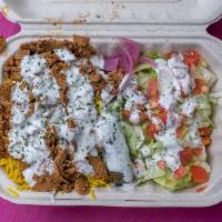 Platters · Your choice of Vegan Meat over Basmati Rice, Lettuce, and Tomatoes served with White Sauce o...