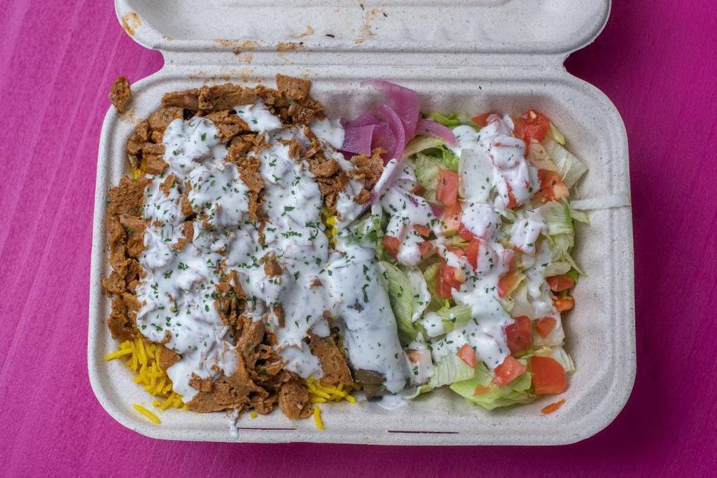 Platters · Your choice of Vegan Meat over Basmati Rice, Lettuce, and Tomatoes served with White Sauce on top