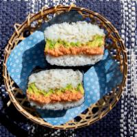 Salmon Avocado Onigirazu · Two rice ball sandwiches, salmon flakes, avocado, and wasabi, Japanese mayonnaise, rice, sea...
