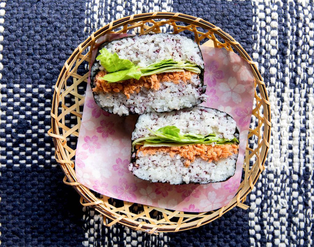 Salmon & Shiso Onigirazu · Two rice ball sandwich with salmon, shiso, lettuce. Japanese mayo, rice, and seaweed.