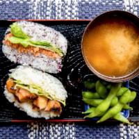 1 Any Flavored Onigirazu, Edamame And Miso Soup Combo · It comes one flavored two onigirazu and edamame, boiled green soybean, and miso soup.