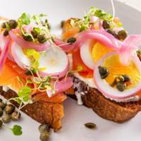 Fish Out Of Water · Acme smoked salmon, hard boiled egg, ricotta, capers, chives, pickled onion, toasted sourdough