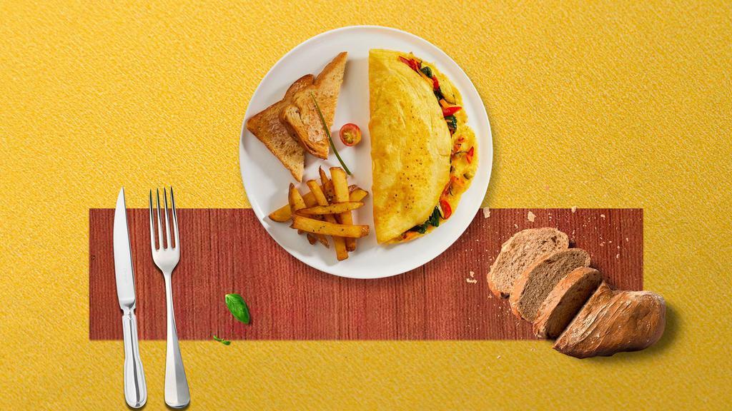 Garden Omelette Platter · Scrambled eggs, mushrooms, bell peppers, broccoli, tomato, and cheddar cheese. Served with your choice of home fries or hash browns.