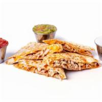 *Bbq Chicken Quesadilla* · Flour tortilla filled with grilled chicken, BBQ sauce, and shredded jack and cheddar cheese....