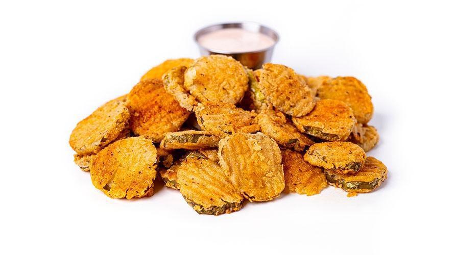 *Spicy Pickles* · Lightly fried pickle chips served with horseradish aioli.