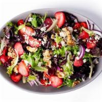 *Strawberry Fields Salad* · Fresh local strawberries, craisins, gorgonzola, toasted walnuts, fresh tomatoes, and shaved ...