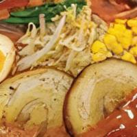 Teppen Miso Spicy · Pork and chicken soup, miso paste, wavy noodle, char-sui pork, seasoned boiled egg, bean spr...