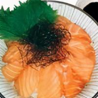 Salmon-Don Bowl · Salmon over rice with oba, hair nori, soy sauce, wasabi.