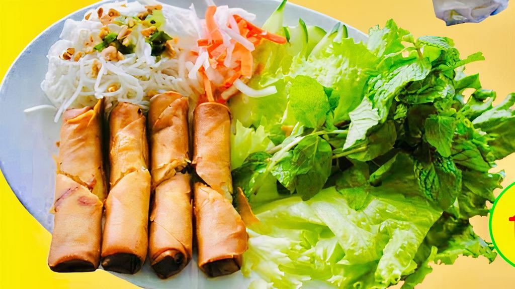 05- Crispy Spring Rolls (4) / Chả Giò · Chopped shrimps, pork hash & vegetables wrapped in rice sheet, and then deep-fried. Served with lettuce, mint leaves and house special fish sauce