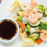 Steamed Vegetables With Prawn · Diet sauce on the side.