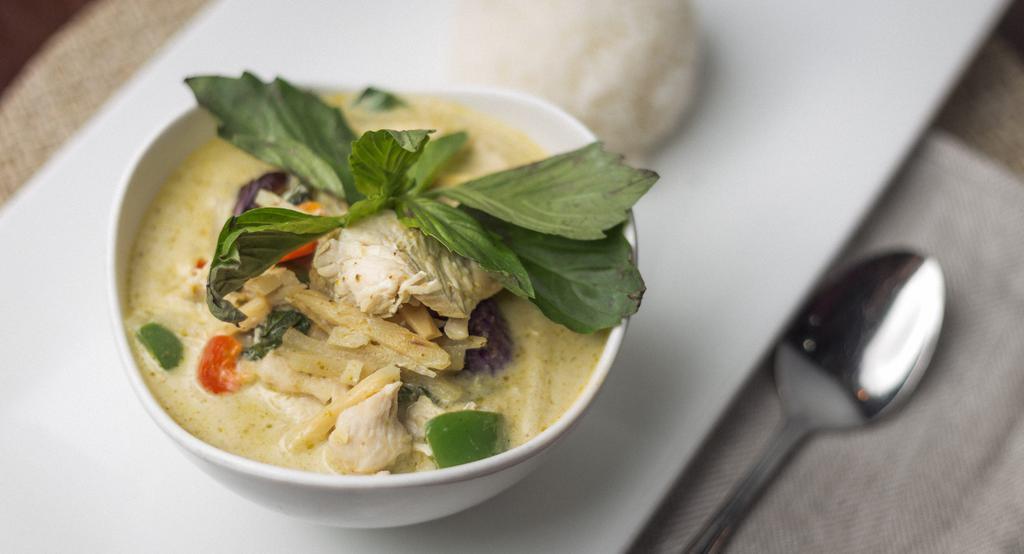Green Curry · Bamboo shoots, eggplants, bell pepper, fresh basil and coconut milk. Served with jasmine rice.
