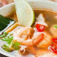Tom Yum Shrimp Soup · Hot & Sour soup with shrimp, cilantro, bell pepper, mushrooms