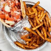 Gyro Wrap With Fries  · Fresh pita bread filled with gyro, crisp lettuce and sauteed onions drizzled with white sauc...