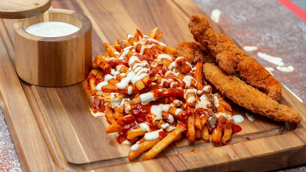 Chicken Tenders With Fries · Get a serving of three fresh, crispy, golden brown chicken tenders fried with side of mean fries.