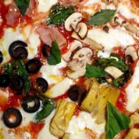 Capricciosa Pizza · San Marzano tomatoes, fior di latte mozzarella, ham, artichokes, olives, mushrooms, extra vi...