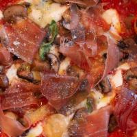 Boscaiola Pizza · Tomato sauce, smoked provola, gorgonzola, speck, mushrooms, extra virgin olive oil.