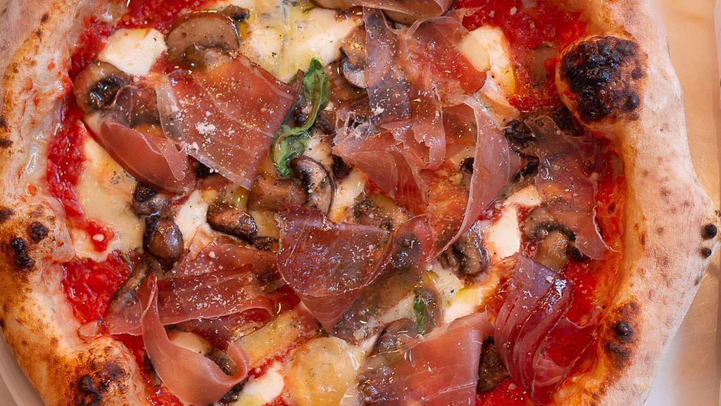 Boscaiola Pizza · Tomato sauce, smoked provola, gorgonzola, speck, mushrooms, extra virgin olive oil.