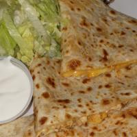 Quesadilla · Mozzarella and Cheddar cheese sour cream,lettuce and pico De gallo.