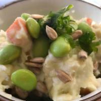 Wasabi-Garlic Potato Salad · Russet potato, Yukon Gold potato, cucumber, celery, carrots, daikon, scallion, edamame, sunf...
