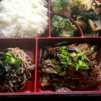 Sukiyaki-Styel Beef Bento · Sliced beef (eye round) cooked in sukiyaki style, with assorted seasonal vegetables, cucumbe...