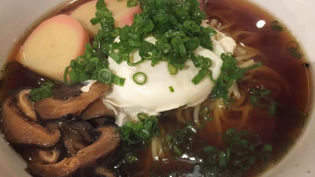 Ozu Ramen · Chicken & kelp-based shoyu (soy sauce) ramen, with poached egg, kamaboko (fish cake), shiitake mushroom, and roasted pork belly. Pork can be substituted with chicken. Vegetable substitution also available.
