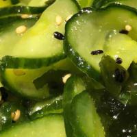 Cucumber+Wakame Salad · Sliced cucumber and wakame seaweed dressed with rice wine vinegar, sesame oil, sugar, and se...