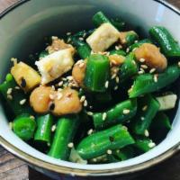 Green Beans + Crispy Tofu · Blanched green beans with crispy tofu, sesame-miso sauce