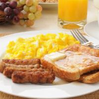 French Toast With Sausage And Eggs · Scrumptious french toast, eggs, and juicy sausage.