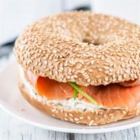 Bagel With Nova Scotia Salmon And Cream Cheese · Cream cheese spread on a fresh baked bagel and topped with thinly sliced salmon.
