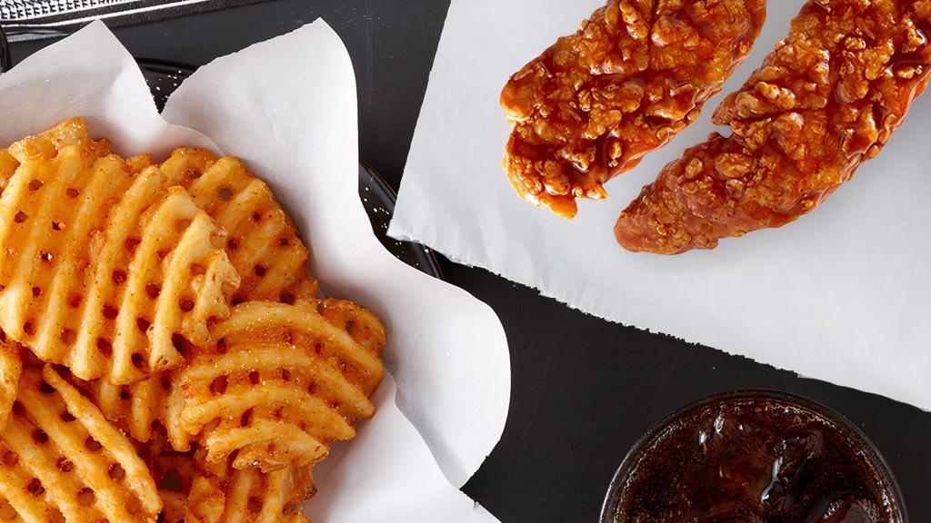 2 Tender Meal · 2 Hand-Breaded Tenders, Regular Waffle Fries, and a Drink! 901-1,828 cal. *Due to supply chain shortages, waffle fries may temporarily be replaced with regular French fries.