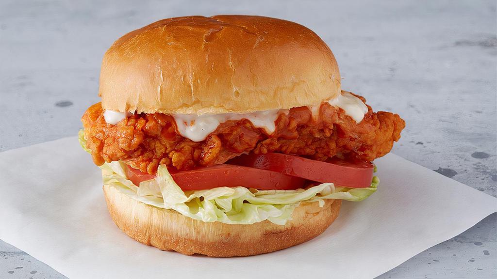 Buffalo Chicken Sandwich · Grilled or Fried Chicken Breast, Served with Lettuce, Tomato, Blue Cheese and your Favorite Buffalo Flavor! 770-1,345 cal.