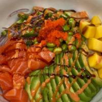 Salmon Lover · Sushi rice, salmon, fish roe, cucumber, avocado, edamame, mango, yumyum sauce, spicy mayo, e...