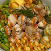 Spicy Chicken Bowl · Spicy chicken, edamame, cucumber, sweet corn, mango, green onion, yumyum sauce