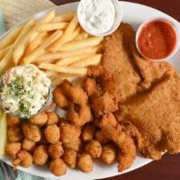 Fried Seafarer · New wave's combo platter. Shrimp, flounder and bay scallops.