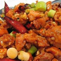 Kung Pao Chicken · Spicy. Diced chicken, green pepper, zucchini, carrots and celery, stir-fried in house spicy ...