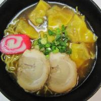 Wonton Ramen · Shoyu base in soup with ground pork in wrapped, char siu, fish cake, green onion.