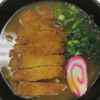 Chicken Katsu Ramen · Shoyu base in soup with chicken katsu, fish cake, choy sum, green onion.