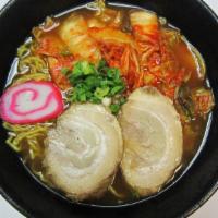 Kim Chee Ramen · Spicy. Shoyu base in soup with spicy cabbage, char siu, fish cake, green onion.