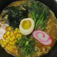 Ippin Ramen · Miso base in soup with choy sum, corn, seaweed, soft egg, fish cake, green onion.