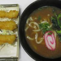 Shrimp Tempura Udon · Shoyu base in soup with three pieces of shrimp tempura, one piece fish cake, choy sum, green...