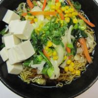 Vegetable Tofu Ramen · shoyu base with vegetable broth, ground onion, cabbage, carrot, corn, tofu, choy sum, green ...