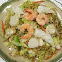 Seafood Fried Noodle · Yakisoba sauce with shrimp, scallop, squid, carrot, ground onion, cabbage, green onion stir-...