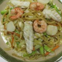 Seafood Fried Udon · Shoyu sauce with shrimp, scallop, squid, carrot, ground onion, cabbage, green onion stir-fri...