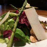 Insalata Sfiziosa · Grilled Asparagus, Mixed Baby Greens, Mushrooms, Beans, Haricot
Verts topped with shaved Par...