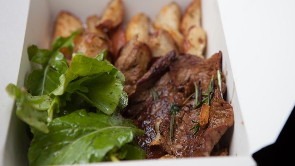 Straccetti Al Rosmarino · super thin slices of angus beef top round sautéed with garlic rosemary and white wine. Served with rosemary roasted potatoes