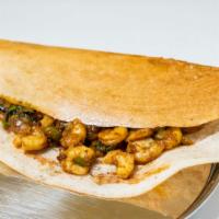 Shrimp Masala Dosa · Golden crisp rice and lentil crepe with coconut chutney and sambar.