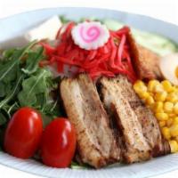 Hiyashi Chuka Cold Ramen (No Broth) · Bean sprout, tomato, corn, arugula, cucumber, scallion, bamboo, red ginger, naruto, egg, por...