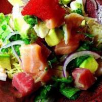 Seafood Ceviche Cold Ramen (No Broth) · Calamari, baby scallop, shrimp, tuna, salmon, red onion, cilantro, avocado, masago, lemon, c...