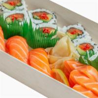 Salmon Combo · 3 pieces of salmon sashimi, 3 pieces of salmon sushi, 1 spicy salmon avocado roll served wit...