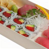 Tuna Combo · 3 pieces of tuna sashimi, 3 pieces of tuna sushi, 1 spicy tuna avocado roll served with miso...